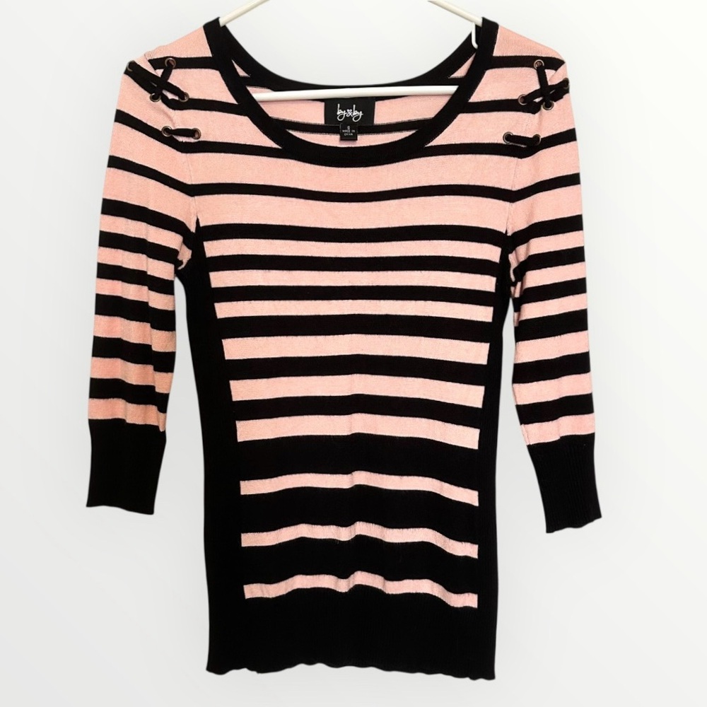Pink and Black Striped 3/4 Sleeve Sweater